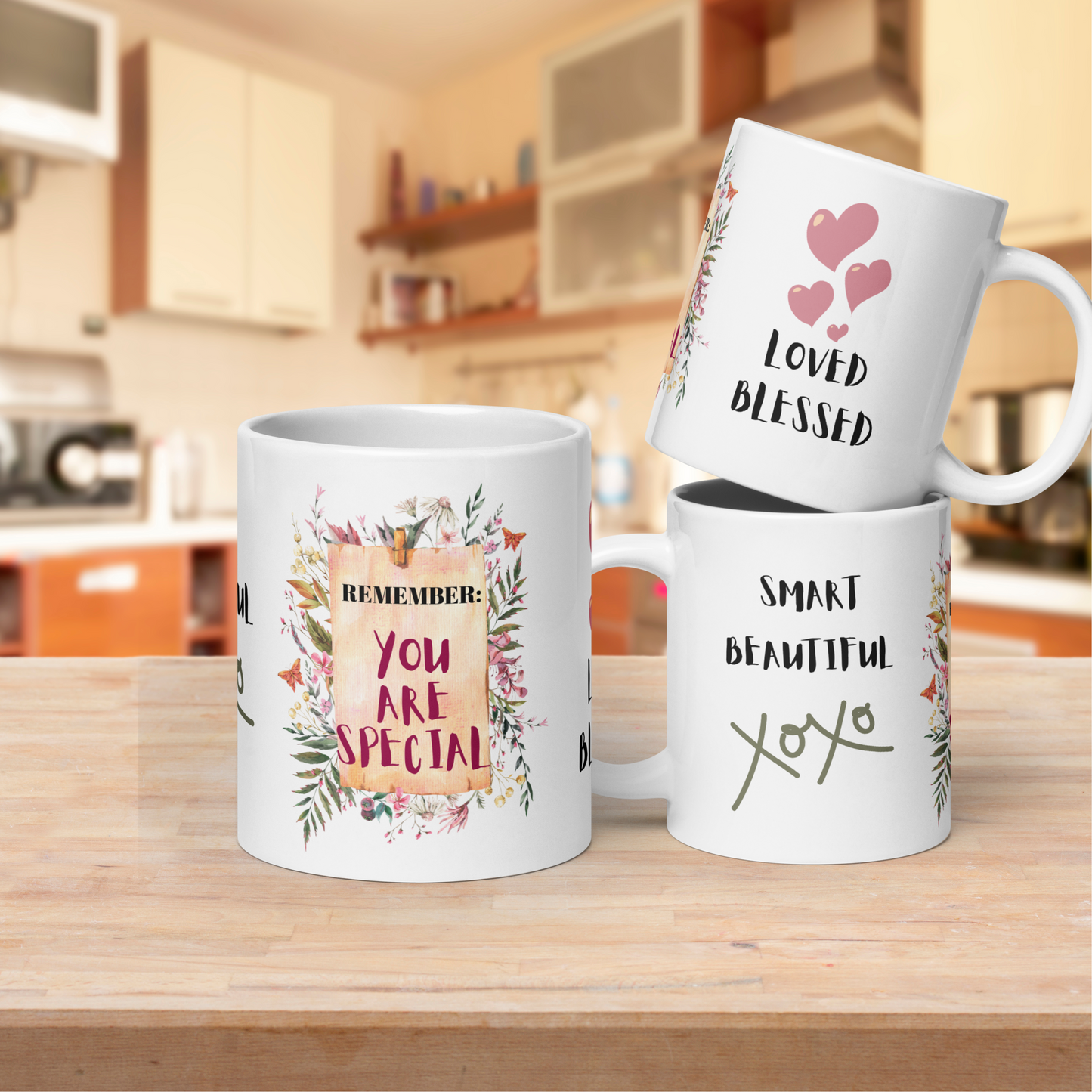 At its core, this mug carries a powerful positive affirmation that says, "Remember, You Are Special." Every sip from this mug is a reminder that the person you're gifting it to holds a unique and cherished place in your heart. But that's not all; this mug is adorned with beautiful words that surround it, including "Loved," "Blessed," "Smart," and "Beautiful." It's like a warm embrace in a cup, reminding your loved one of all the incredible qualities that make them extraordinary.