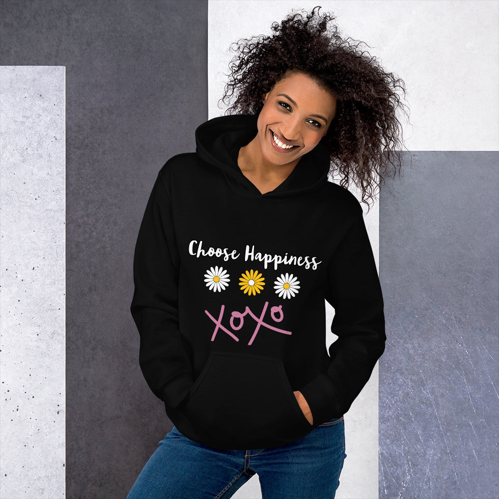 Choose Happiness Hoodie, Choose Love, Inspirational Hoodie, Motivational Hoodie, Daisy Flowers and xoxo, Mental Health, Front and Back Print. White and Yellow daisy flowers and pink xoxo. Mental Health Gift