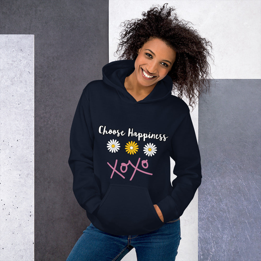 Choose Happiness Hoodie, Choose Love, Inspirational Hoodie, Motivational Hoodie, Daisy Flowers and xoxo, Mental Health, Front and Back Print. White and Yellow daisy flowers and pink xoxo. Mental Health Gift