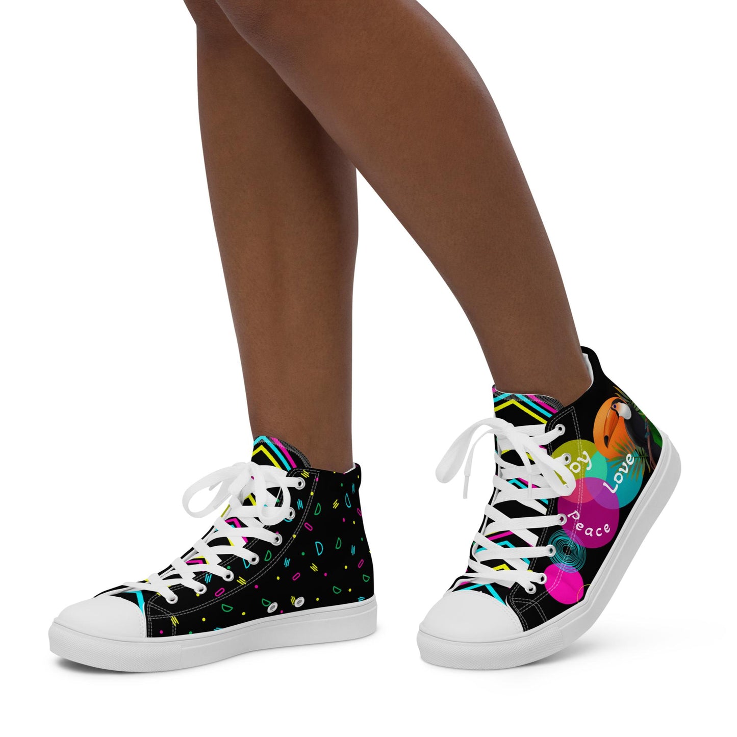 Inspirational High Top Canvas Shoes, the perfect blend of style, comfort, and positive energy. These shoes are designed to make a statement with their exotic bright colours of pink, blue, orange, and yellow while carrying a powerful inspirational word of love, peace, and joy