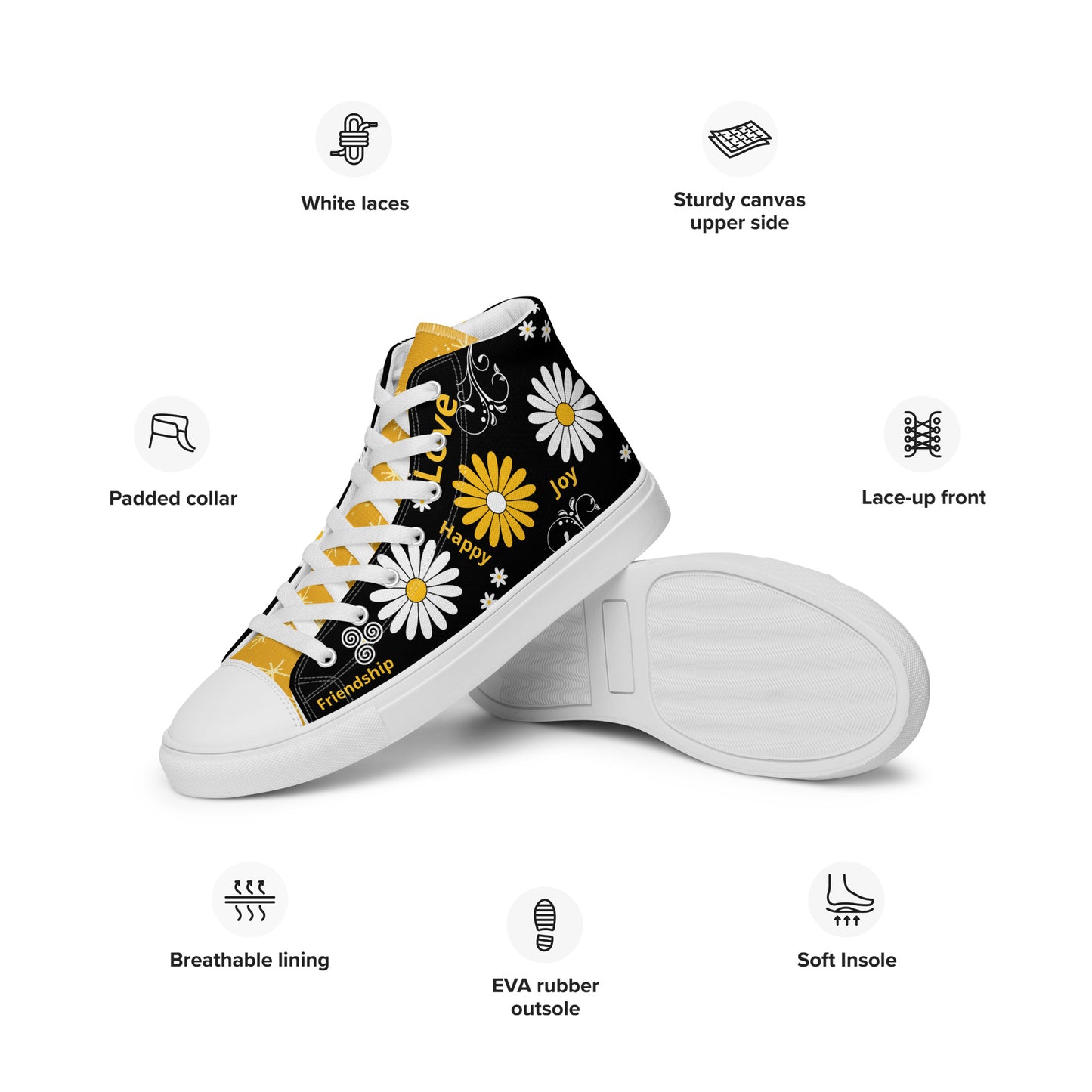 Inspirational High Top Canvas Shoes |White & Yellow Daisy Flowers Lovers | Unisex | Fashion With Meaning | US Size