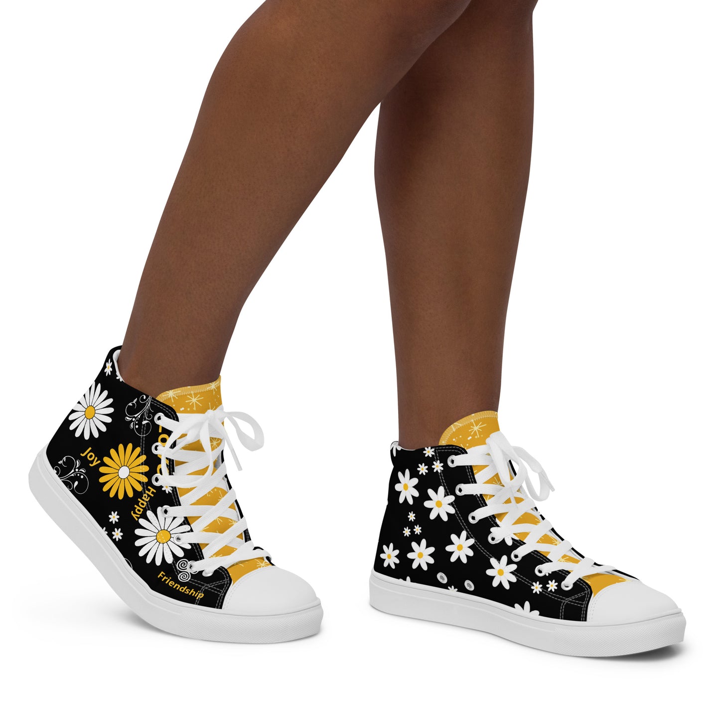 Inspirational High Top Black Canvas Shoes with White and Yellow Daisy Flowers, plus swirls patterns- Unisex Motivational Unique Gift Idea. The inspirational words – "friendship," "joy," "love," and "happy" – elegantly woven into the design, serve as constant reminders of life's precious gifts. With every step, you carry the essence of these uplifting sentiments, inspiring your own heart and the hearts of those you encounter.
