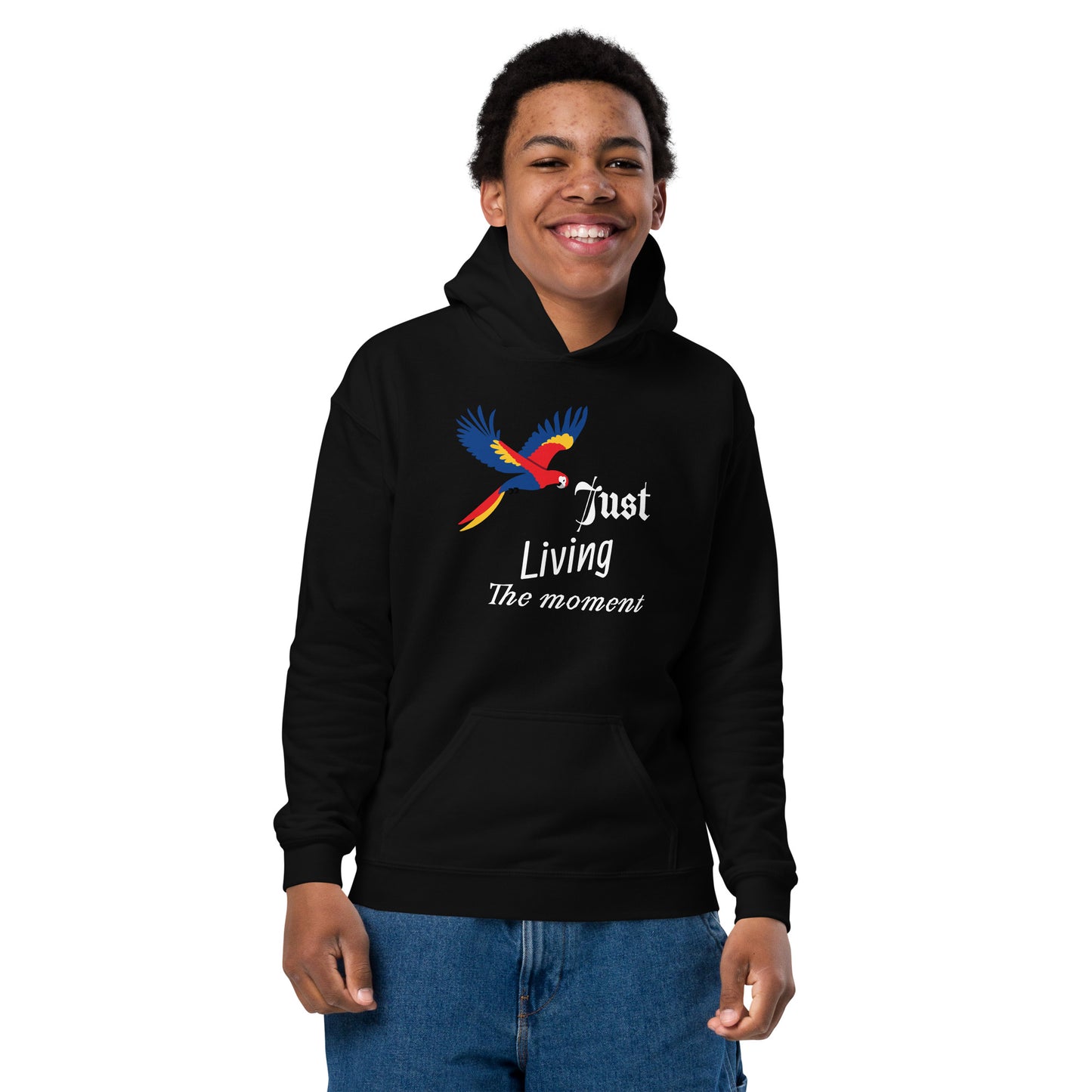 Inspirational kids hoodie with a positive quote: Just Living The Moment". motivational hoodie carrying Words Of Wisdom, Motivational Clothes Unique Gift Idea for youth, boy, brother, son, nephew - black hoodie