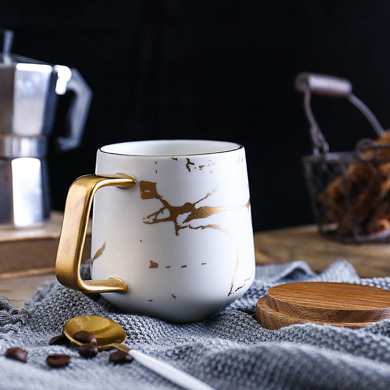 Coffee Mugs In White, Black and Gold Marble Effect Inlay