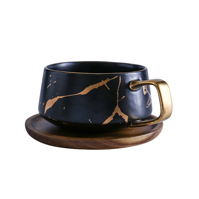Coffee Mugs In White, Black and Gold Marble Effect Inlay