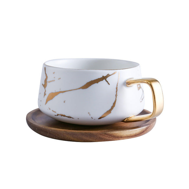 Coffee Mugs In White, Black and Gold Marble Effect Inlay