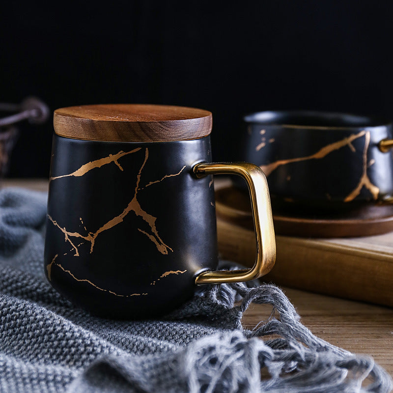 Coffee Mugs In White, Black and Gold Marble Effect Inlay