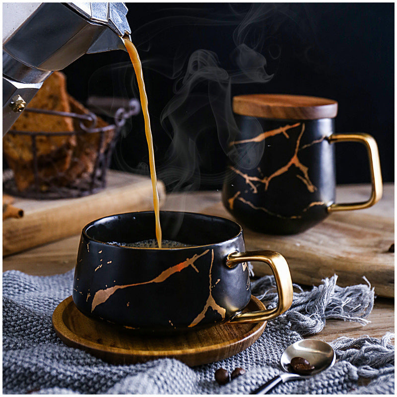 Coffee Mugs In White, Black and Gold Marble Effect Inlay