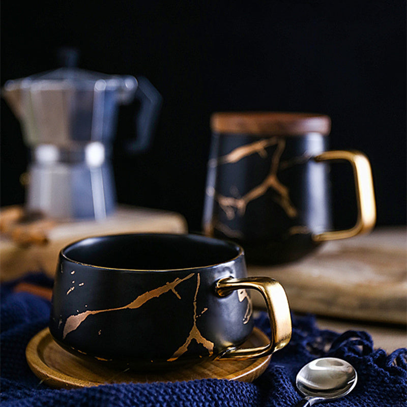 Coffee Mugs In White, Black and Gold Marble Effect Inlay