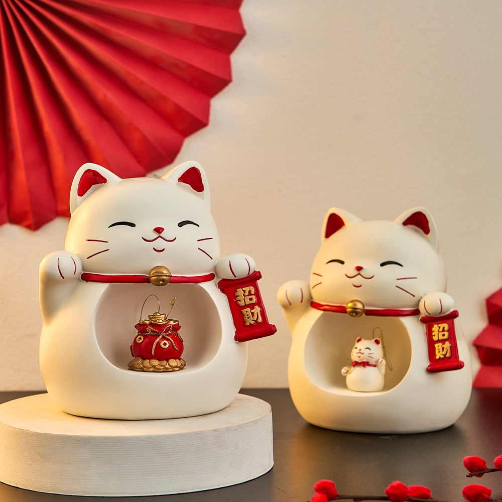 Welcome Good Luck Japanese Lucky Cat: Embrace Fortune with Charming Resin Figurines!
