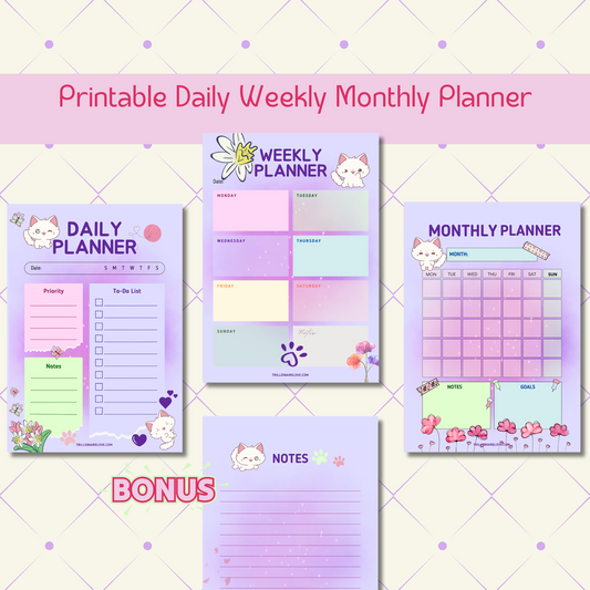 his cute printable planner is perfect for organising your day, week and month in a cutest way. Plus a Bonus Note page, all full of harmonious colours and anime style 
