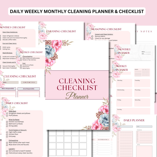Pink Cleaning Planner And Checklist Printable, Home Cleaning Spreadsheet, Cleaning Reminder - Cleaning Planner - Daily Planner - Weekly Planner - Monthly Planner - Cleaning Checklist - Daily Checklist - Weekly Checklist - Monthly Checklist - My Notes