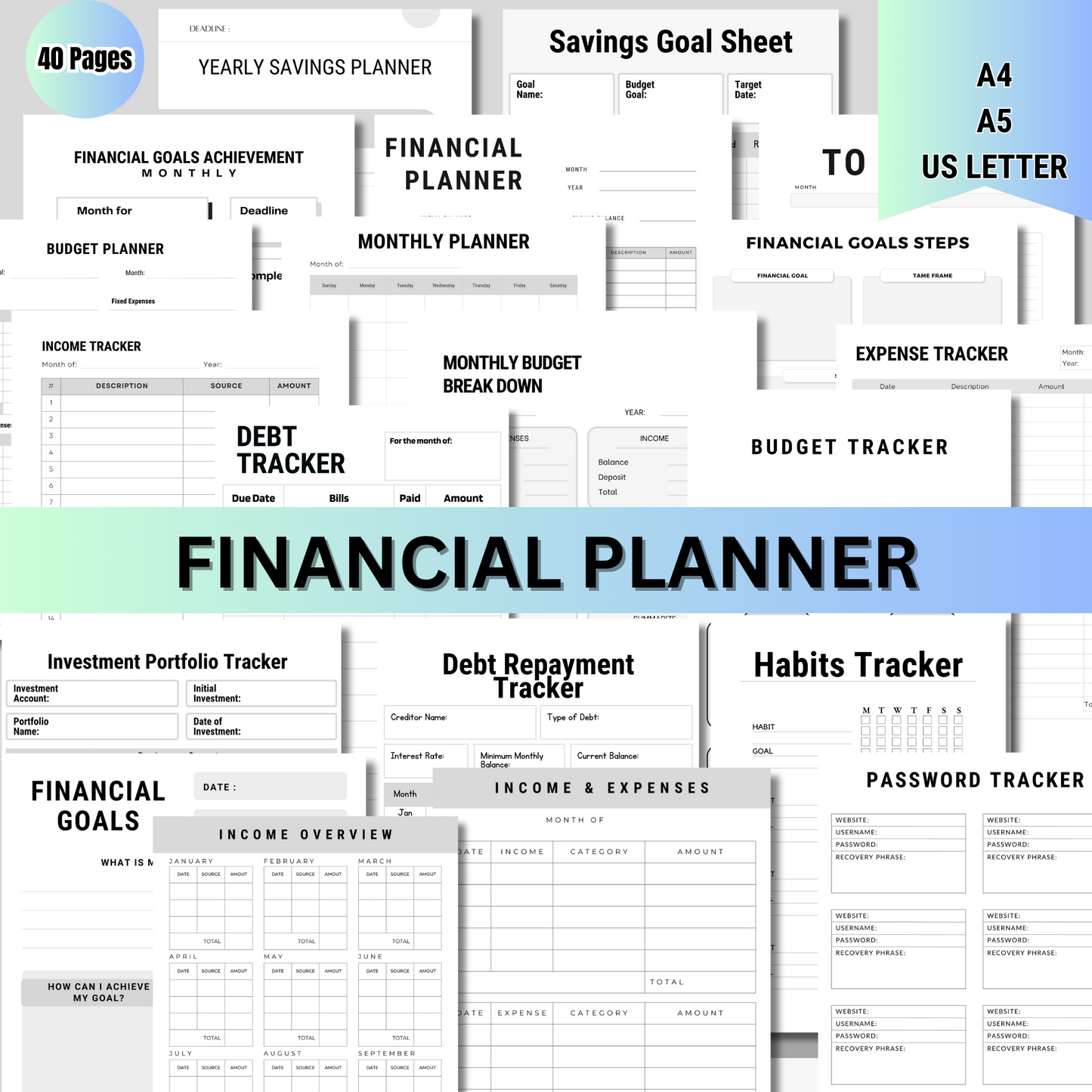 Finance Tracker Bundle, Budget Tracker, Savings Tracker, Bill Tracker, Investment Tracker, Expenses Financial Planner