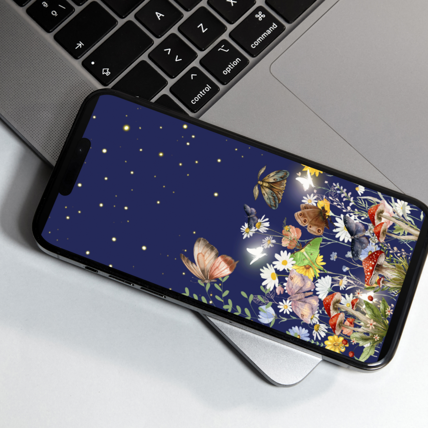 Night Sky Moth Phone Wallpaper - Flower and mushroom Digital Phone Wallpaper