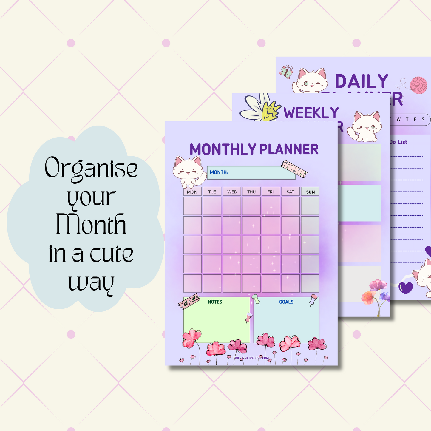 Cute cat Daily Planner Printable, Weekly Planner, Monthly Planner, A4 & A5