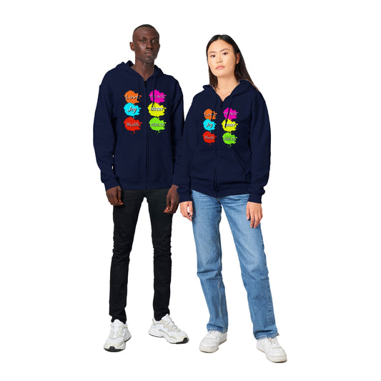 This hoodie is more than just fashion; it's a statement that resonates with meaning and positivity.  Featuring an array of bright colours, the front of the hoodie carries words that evoke a sense of empowerment and bliss: Love, Peace, Joy, Lucky, Wealth, and Health. As you wear these words close to your heart, you invite their energy into your life. Turn to the back, and you'll find additional affirmations that uplift your journey: Blessings, Success, and Gratitude.