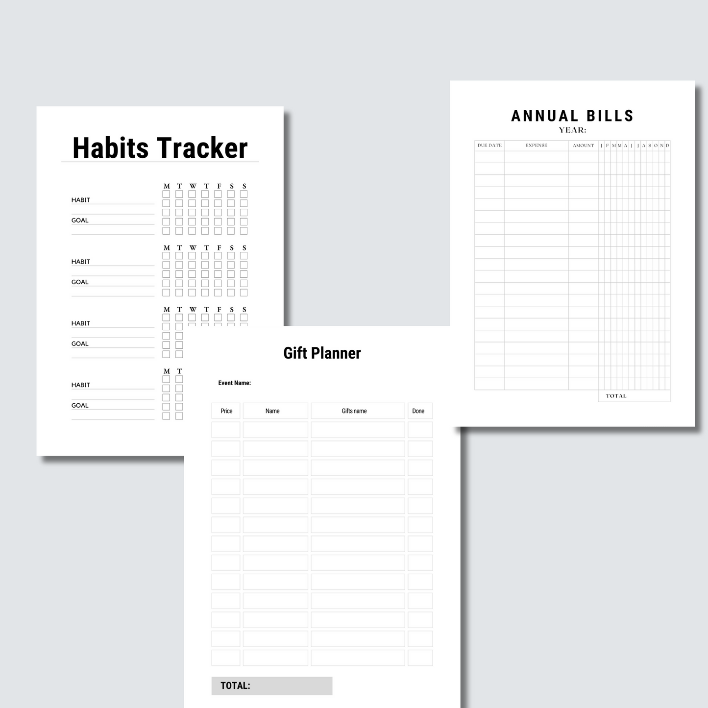 habit tracker, annual bills, gift tracker