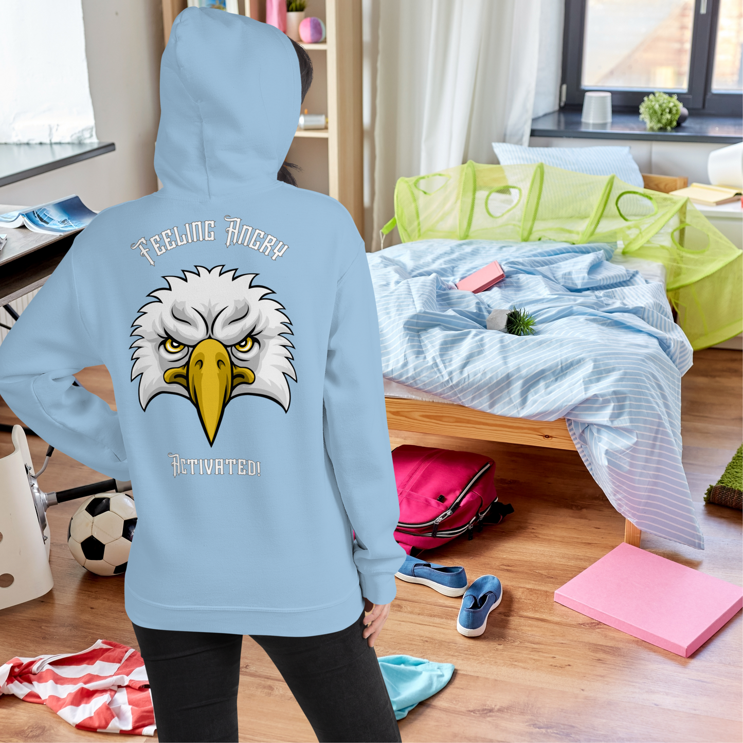 Motivational Unisex Hoodie with Affirmation: Feeling Angry Activated! An image of an angry bird in the hoodie. Funny  Humour Hoodie, Graphic Hoodie, Gift idea