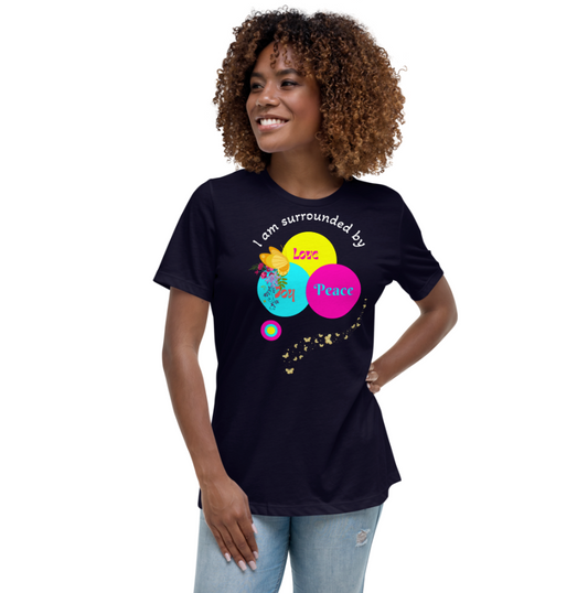 Inspiration and motivation T-shirt for women.  The combination of exotic bright colours (pink, blue, and yellow) adds an element of joy and playfulness to this Inspirational T-shirt. Each hue symbolizes something unique: pink for love and compassion, blue for peace and tranquillity, and yellow for happiness and positivity. Image of a beautiful butterfly