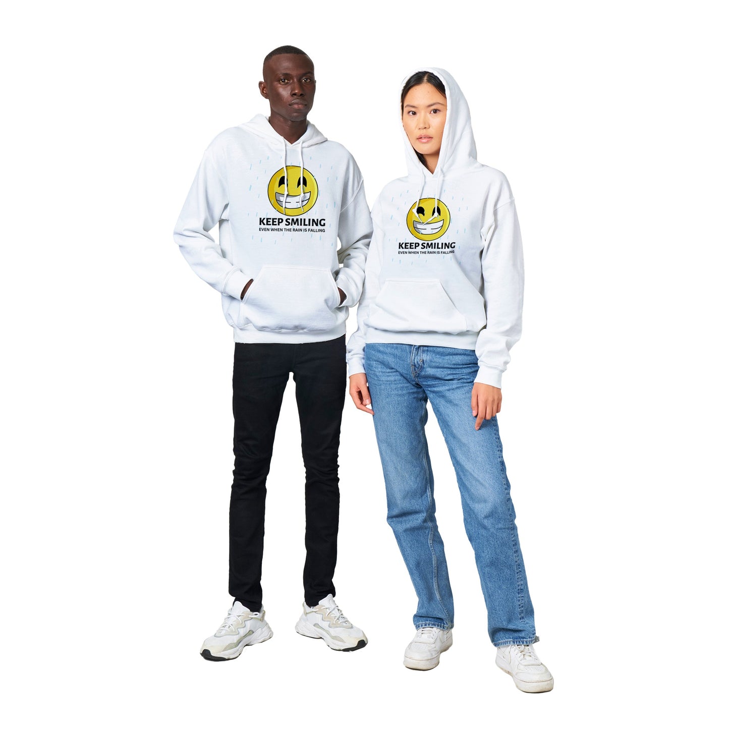 Inspirational Adult Unisex Hoodie with a positive affirmation: "I Keep Smiling, even when the rain is falling". An image of an emoji smiling and drop of rain - white hoodie