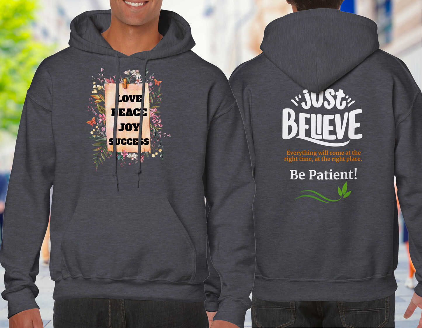 Cottagecore Unisex Hoddie, with positive Words: Love, Peace, Joy and Success. In the back: Just Believe everything will come at the right time and the right place. Be patient!Positive Quote Top, Vintage Jumper Gift Idea - dark grey hoodie