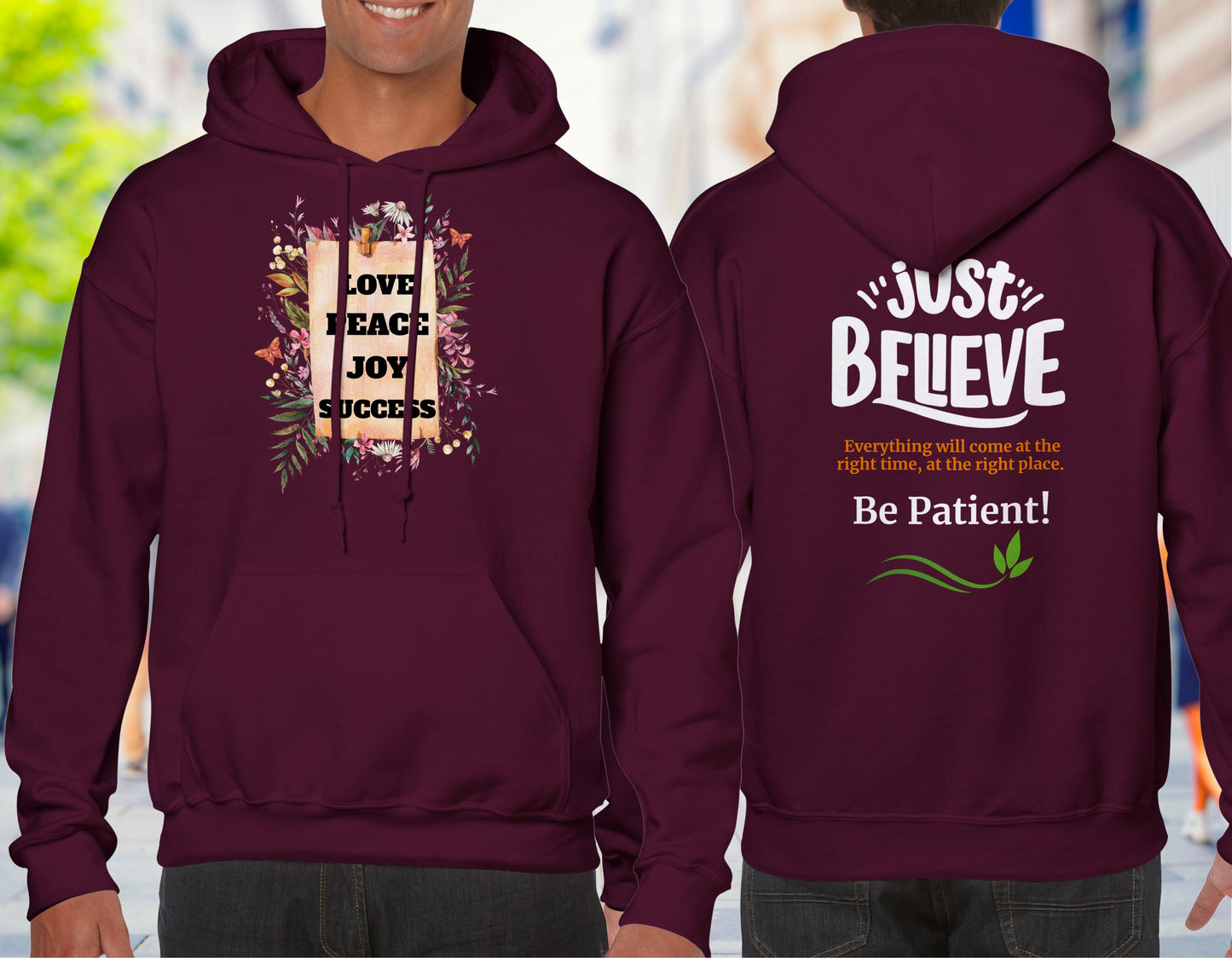 Cottagecore Unisex Hoddie, with positive Words: Love, Peace, Joy and Success. In the back: Just Believe everything will come at the right time and the right place. Be patient!Positive Quote Top, Vintage Jumper Gift Idea - maroon hoodie