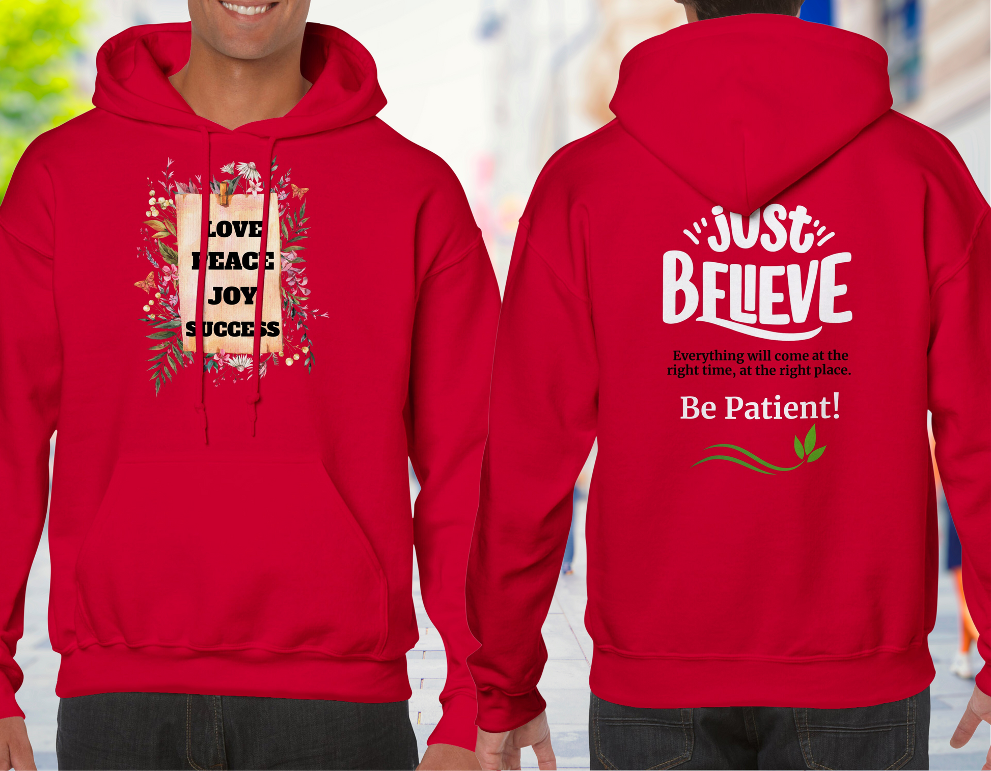Cottagecore Unisex Hoddie, with positive Words: Love, Peace, Joy and Success. In the back: Just Believe everything will come at the right time and the right place. Be patient!Positive Quote Top, Vintage Jumper Gift Idea - red hoodie