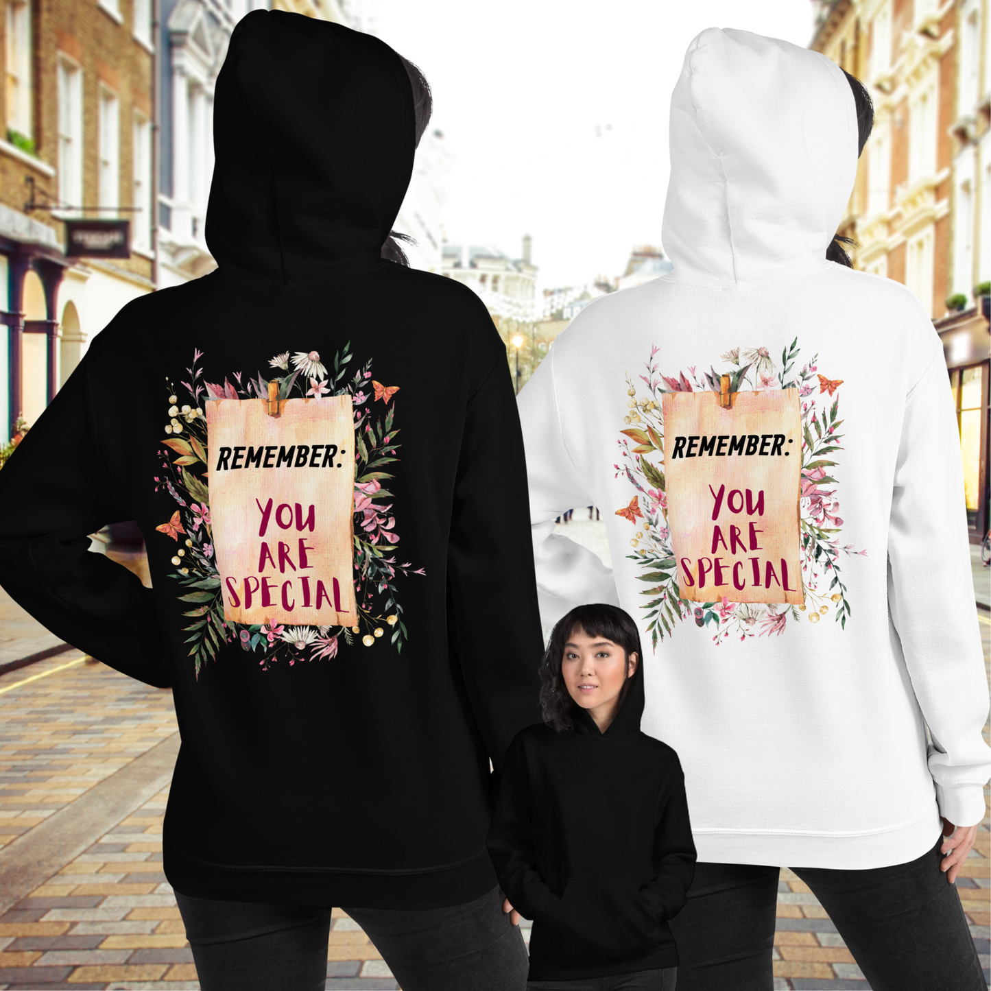 Inspirational Pullover Hoodie featuring the powerful affirmation, "Remember: You Are Special." The vintage-inspired design, featuring a floral botanical reminder note, adds a touch of timeless elegance to their attire