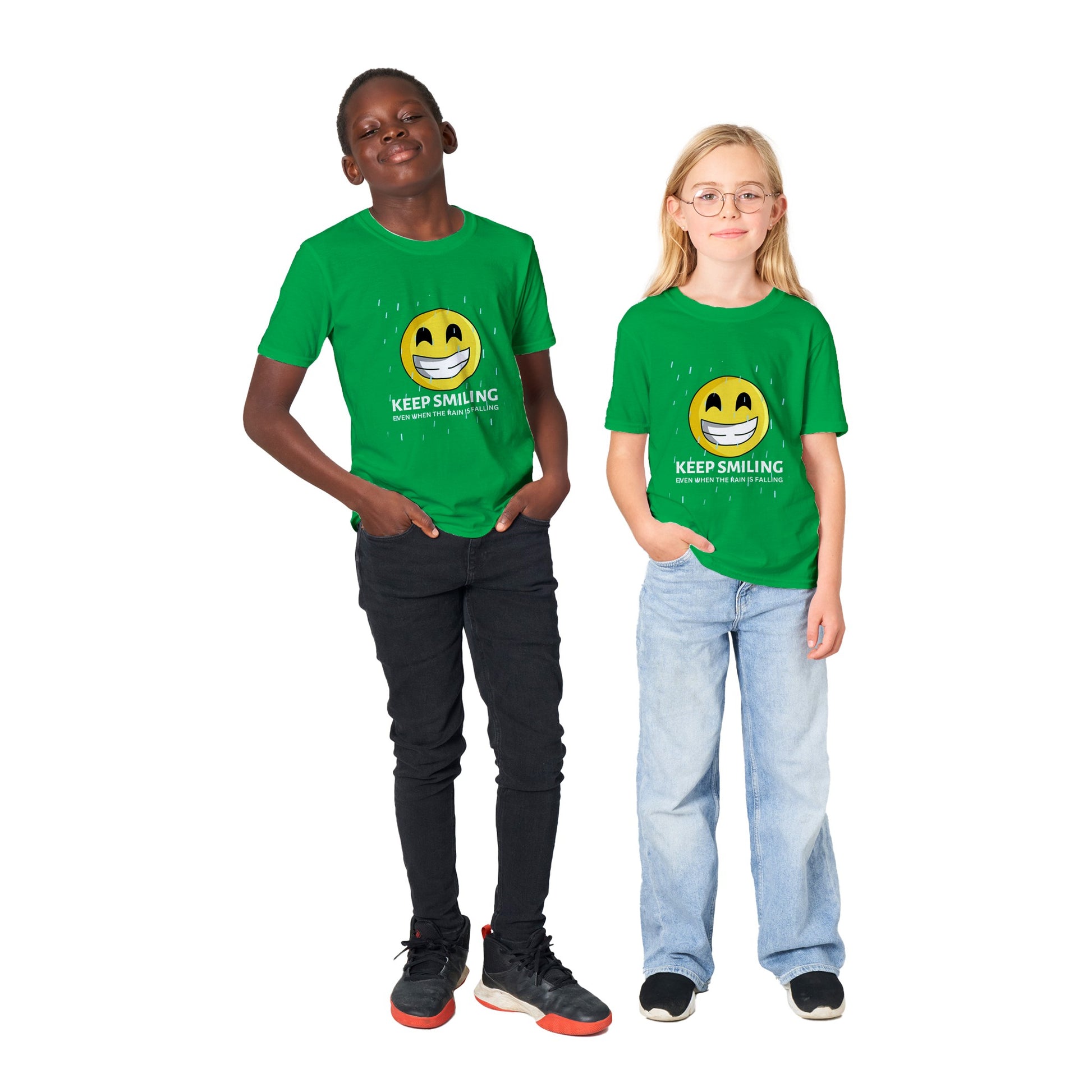 Inspirational Kids T-Shirt with a positive affirmation: "I Keep Smiling, even when the rain is falling". An image of an emoji smiling and drop of rain - green
