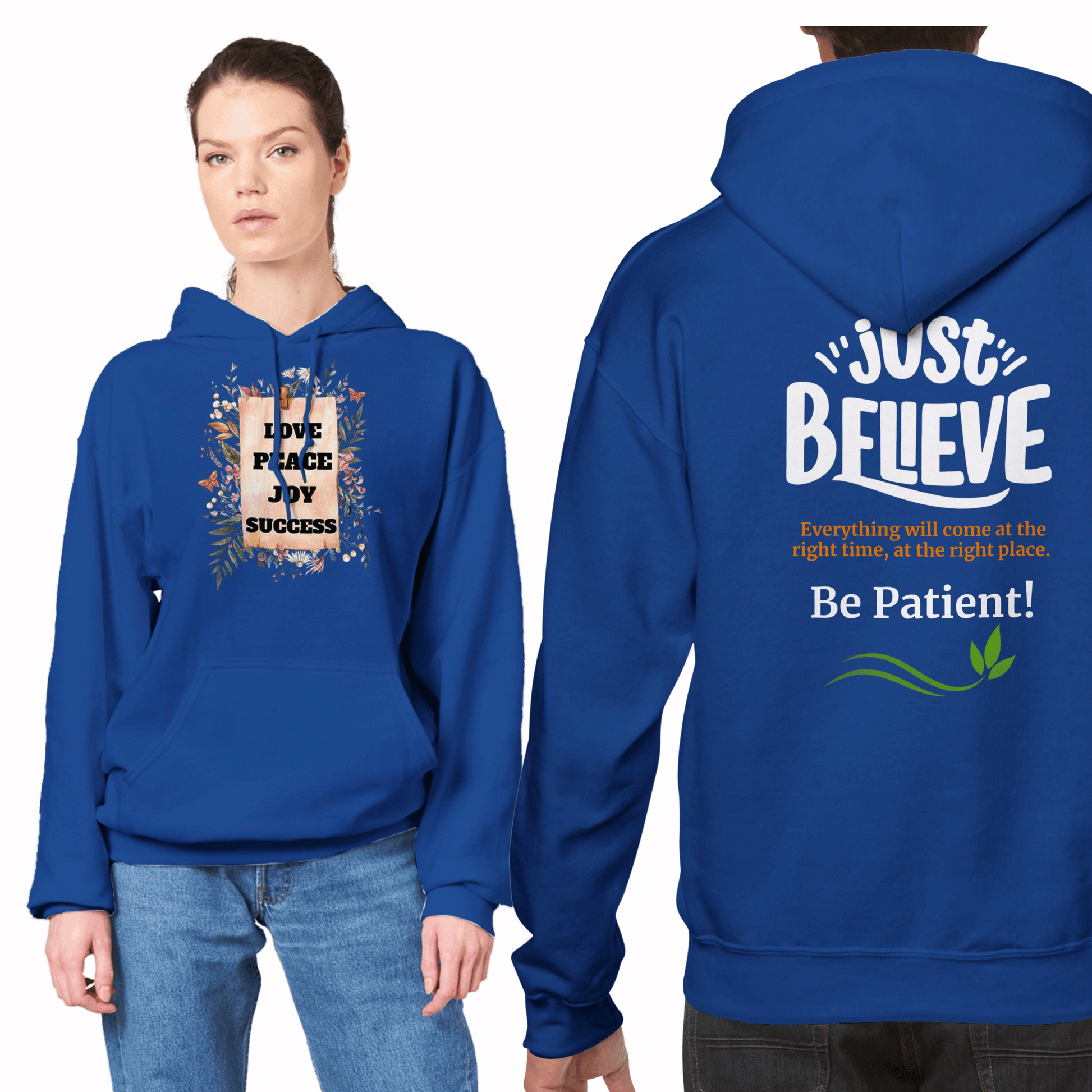 Cottagecore Unisex Hoddie, with positive Words: Love, Peace, Joy and Success. In the back: Just Believe everything will come at the right time and the right place. Be patient!Positive Quote Top, Vintage Jumper Gift Idea - dark blue hoodie