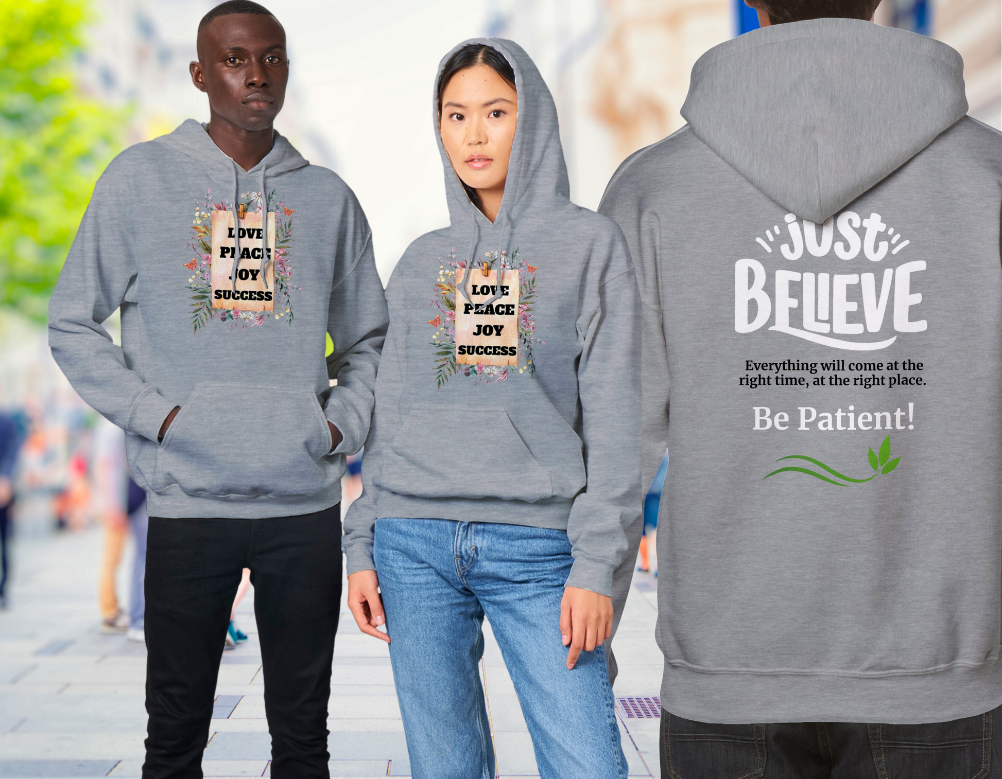 Cottagecore Unisex Hoddie, with positive Words: Love, Peace, Joy and Success. In the back: Just Believe everything will come at the right time and the right place. Be patient!Positive Quote Top, Vintage Jumper Gift Idea - grey hoodie