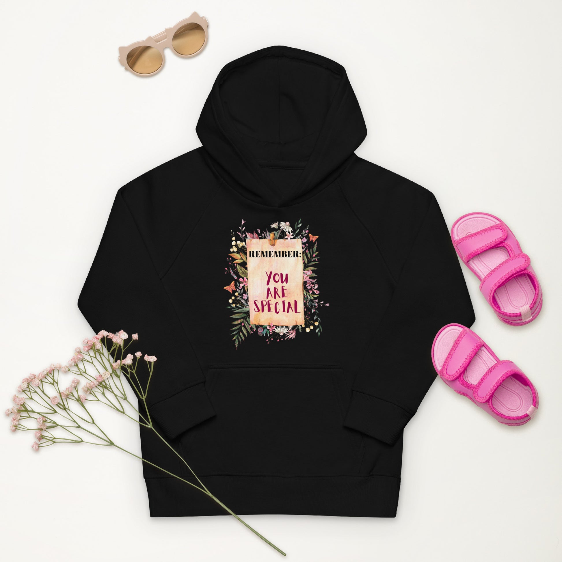 Inspirational Kids Pullover Organic Hoodie  featuring the powerful affirmation, "Remember, You Are Special." The vintage-inspired design, featuring a floral botanical reminder note, adds a touch of timeless elegance to their attire