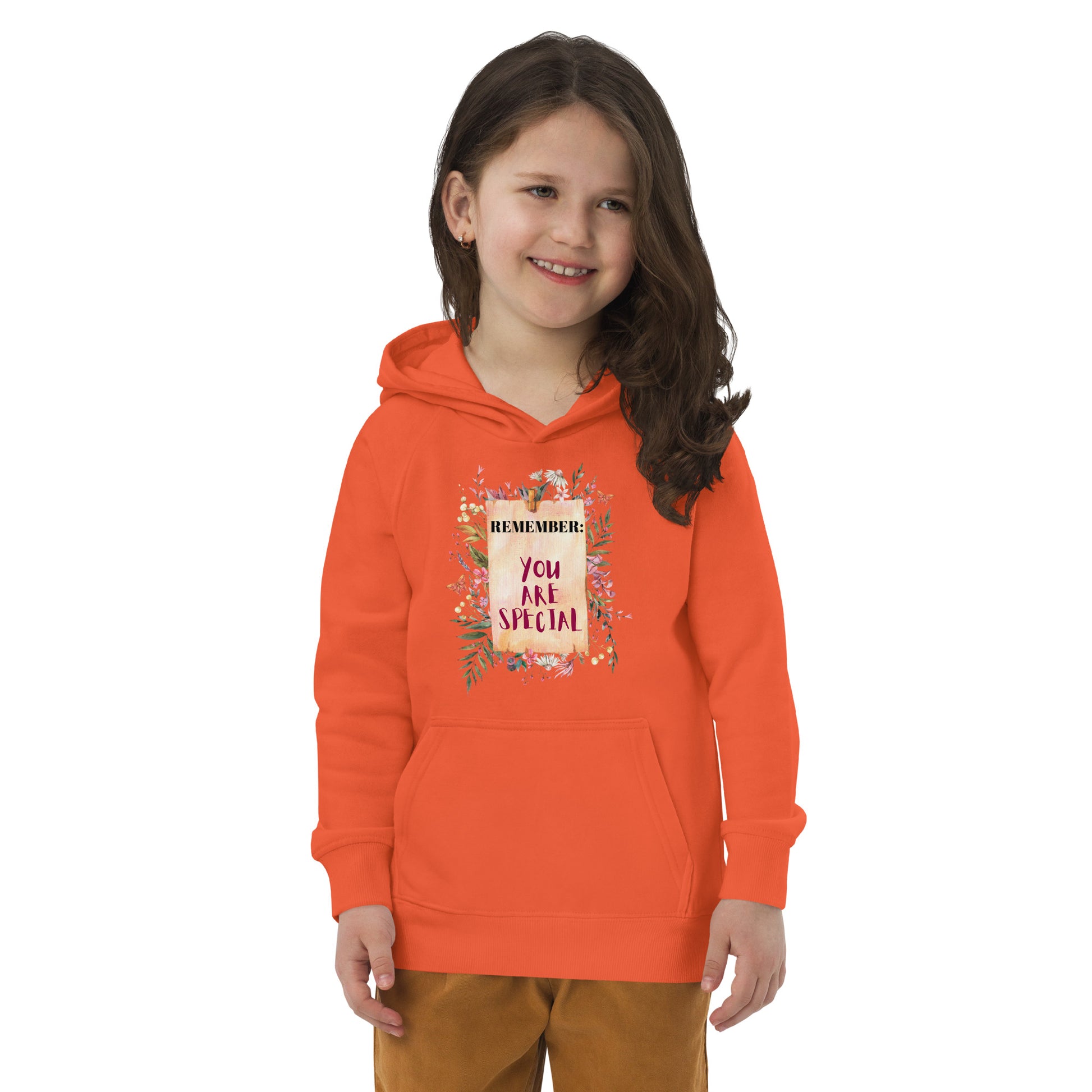 Inspirational Pullover Organic Anesthetic Hoodie featuring the positive message: Remember, You Are Special. The vintage-inspired design, featuring a floral botanical reminder note, adds a touch of timeless elegance to their attire. - burnt orange