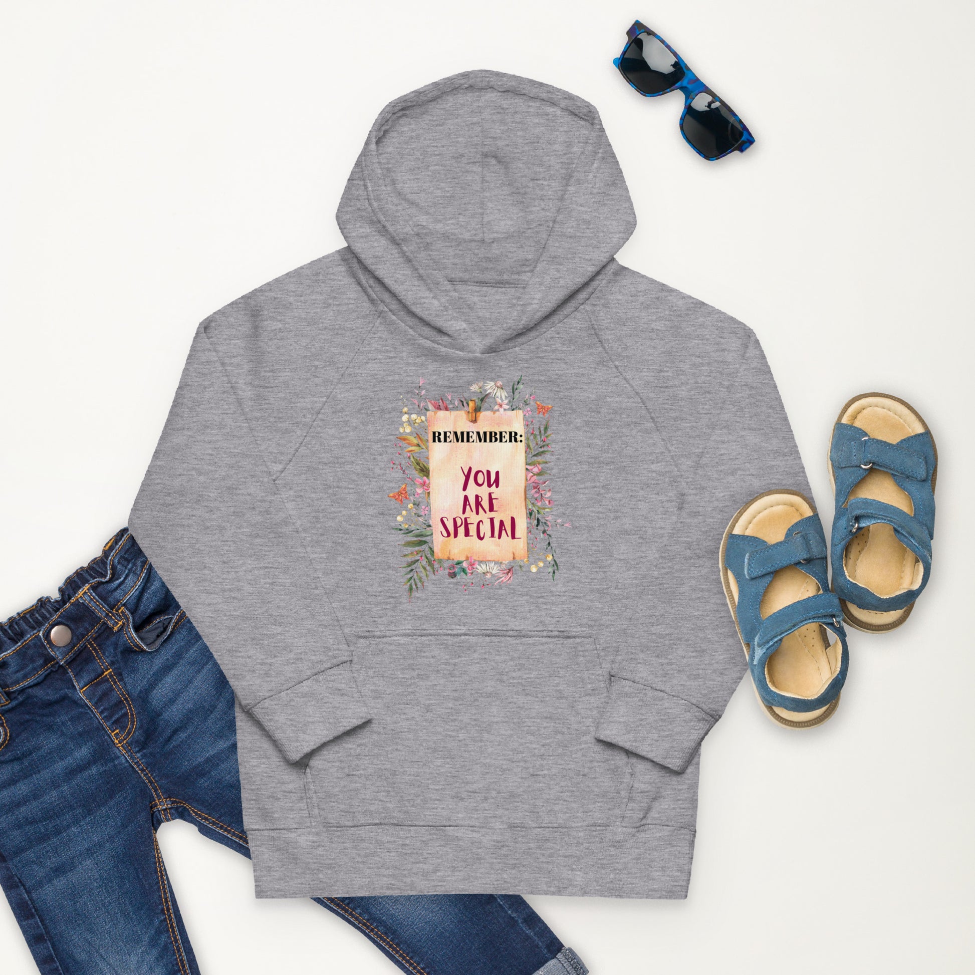 Inspirational Kids Pullover Organic Hoodie  featuring the powerful affirmation, "Remember, You Are Special." The vintage-inspired design, featuring a floral botanical reminder note, adds a touch of timeless elegance to their attire