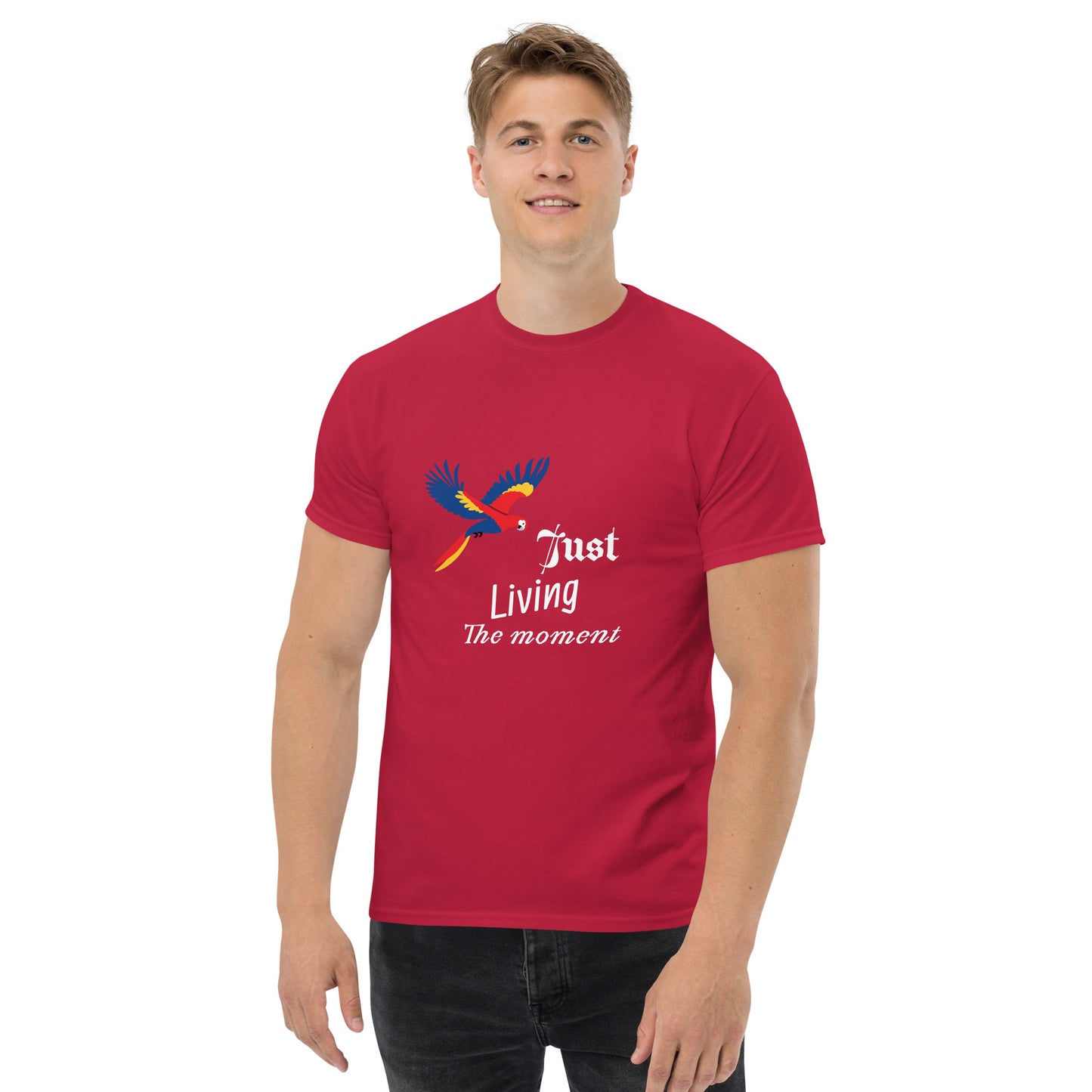 Inspirational  Men's tee, Positive quote: Just Living The Moment" motivational T-shirt, Words Of Wisdom, Motivational Clothes Unique Gift Idea for boy, brother, uncle, professor, grandfather, dad, young man - red t-shirt