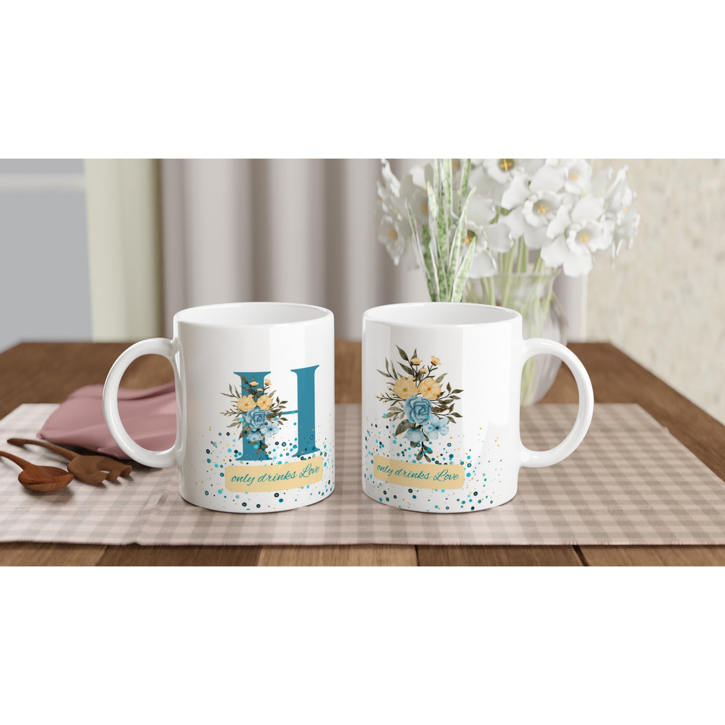 "H Only Drinks Love" White Mug with Blue Letter H - 11oz Ceramic Mug- Gift Idea