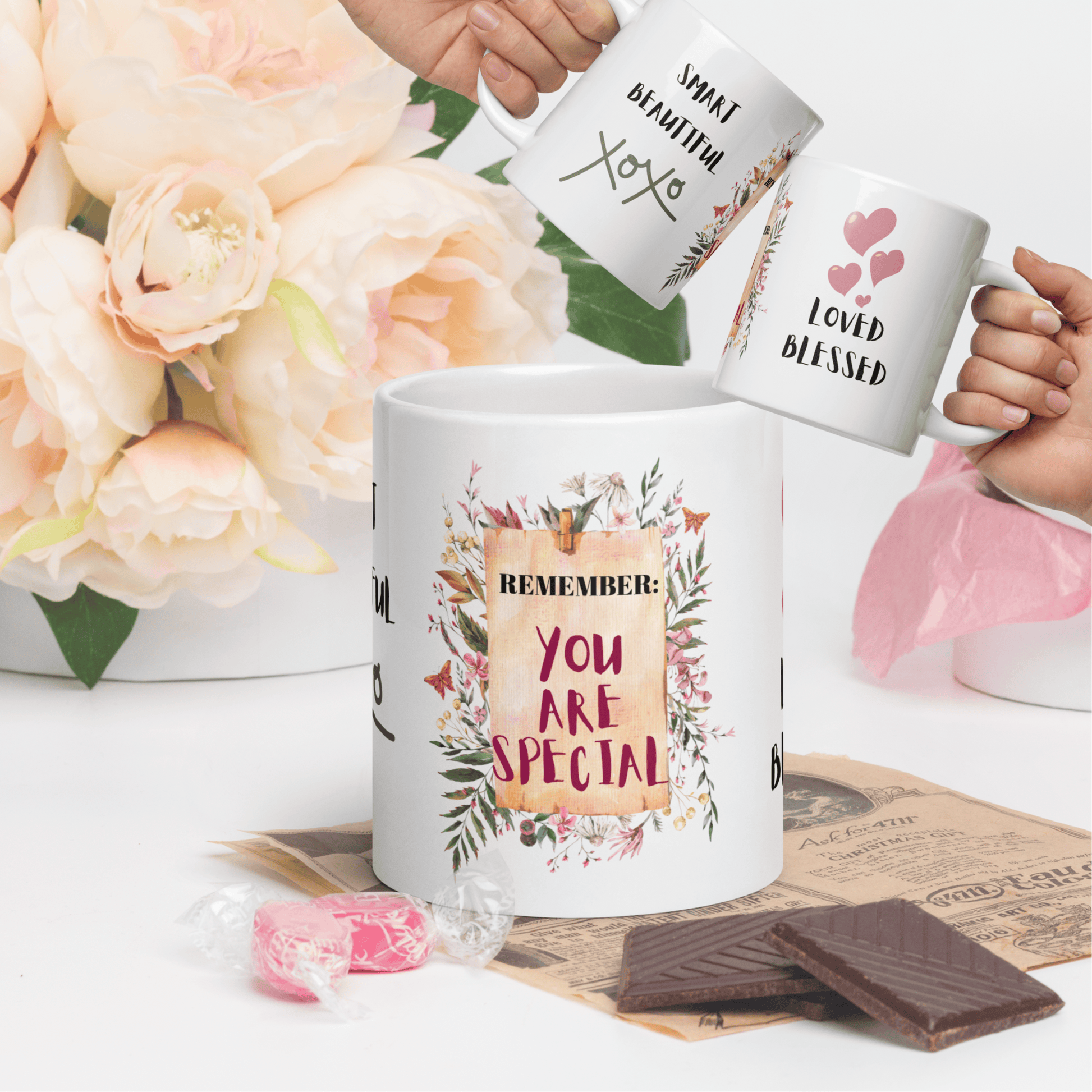 At its core, this mug carries a powerful positive affirmation that says, "Remember, You Are Special." Every sip from this mug is a reminder that the person you're gifting it to holds a unique and cherished place in your heart.  But that's not all; this mug is adorned with beautiful words that surround it, including "Loved," "Blessed," "Smart," and "Beautiful." It's like a warm embrace in a cup, reminding your loved one of all the incredible qualities that make them extraordinary.