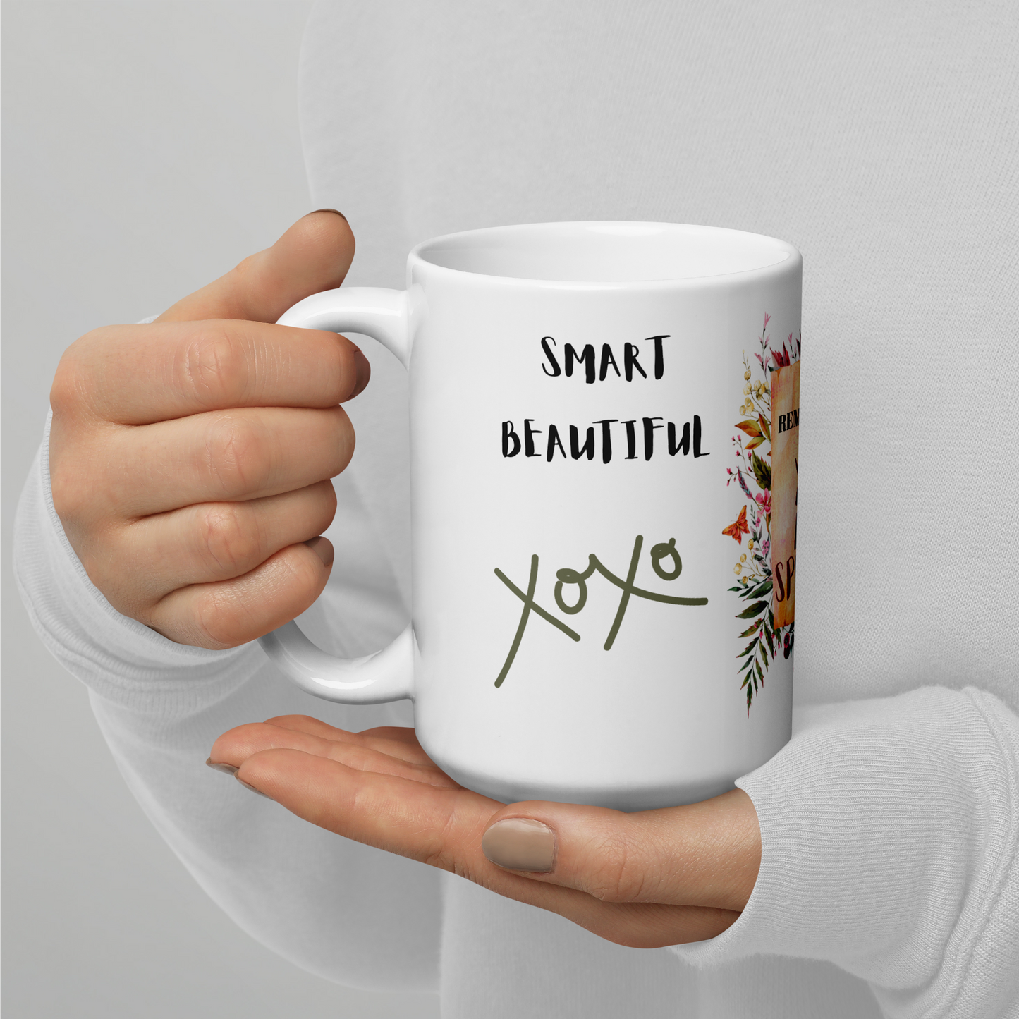 At its core, this mug carries a powerful positive affirmation that says, "Remember, You Are Special." Every sip from this mug is a reminder that the person you're gifting it to holds a unique and cherished place in your heart.  But that's not all; this mug is adorned with beautiful words that surround it, including "Loved," "Blessed," "Smart," and "Beautiful." It's like a warm embrace in a cup, reminding your loved one of all the incredible qualities that make them extraordinary.