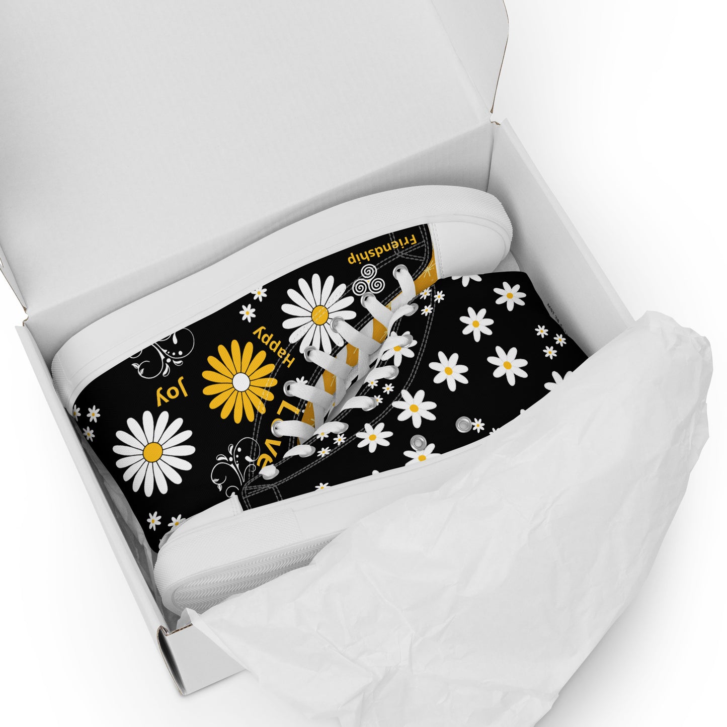 Inspirational High Top Canvas Shoes |White & Yellow Daisy Flowers Lovers | Unisex | Fashion With Meaning | US Size