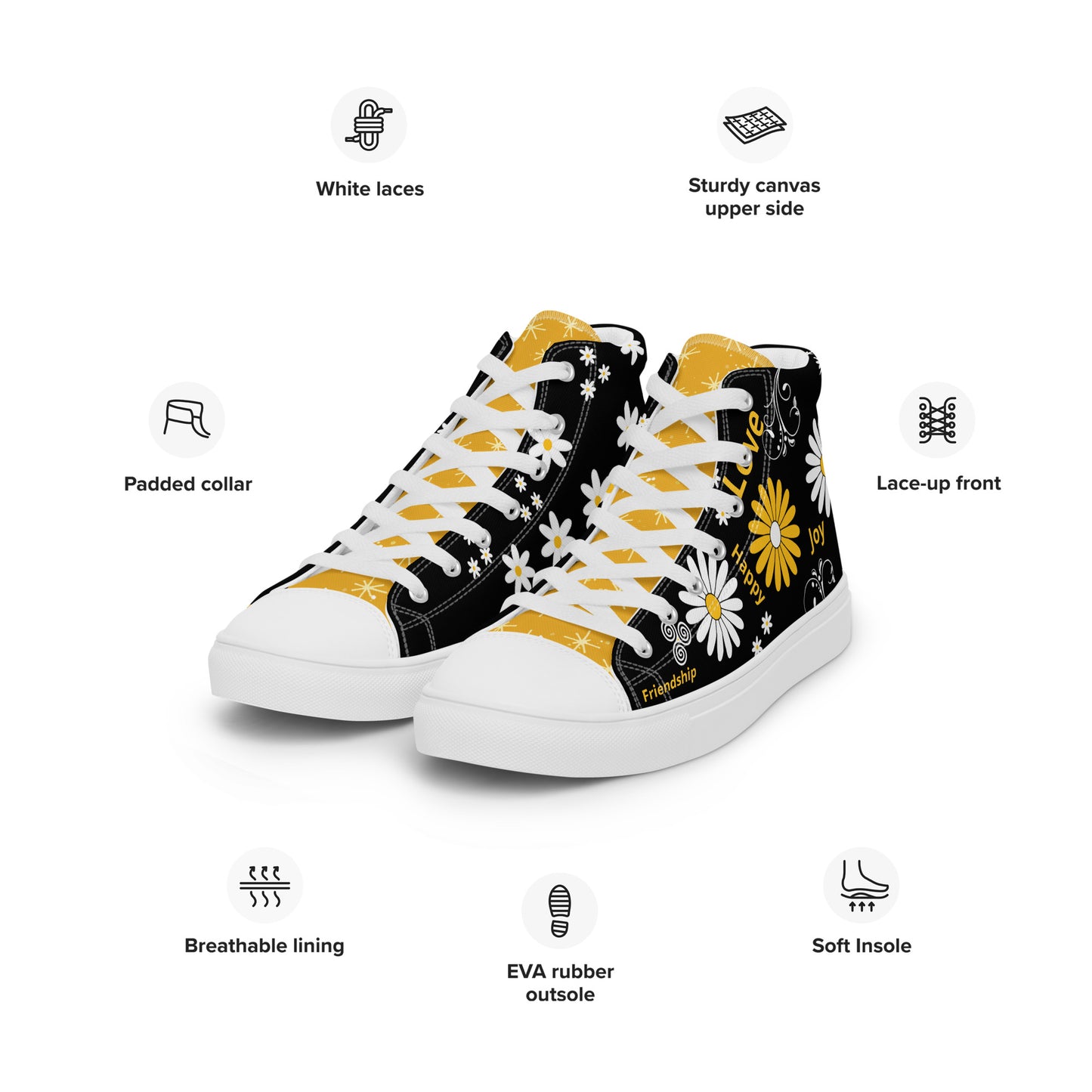 Inspirational High Top Canvas Shoes |White & Yellow Daisy Flowers Lovers | Unisex | Fashion With Meaning | US Size