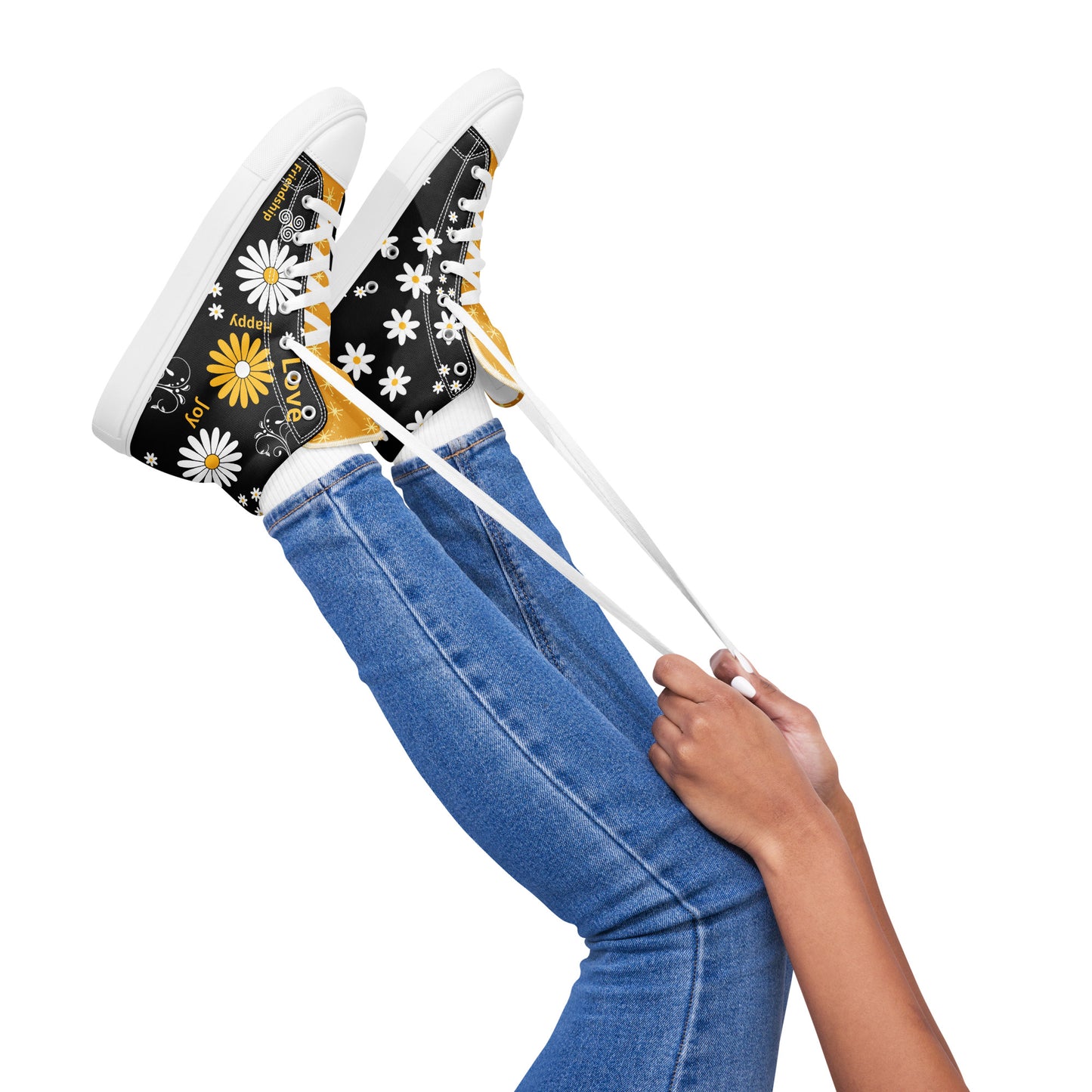 Inspirational High Top Black Canvas Shoes with White and Yellow Daisy Flowers, plus swirls patterns- Unisex Motivational  Unique Gift Idea. The inspirational words – "friendship," "joy," "love," and "happy" – elegantly woven into the design, serve as constant reminders of life's precious gifts. With every step, you carry the essence of these uplifting sentiments, inspiring your own heart and the hearts of those you encounter.