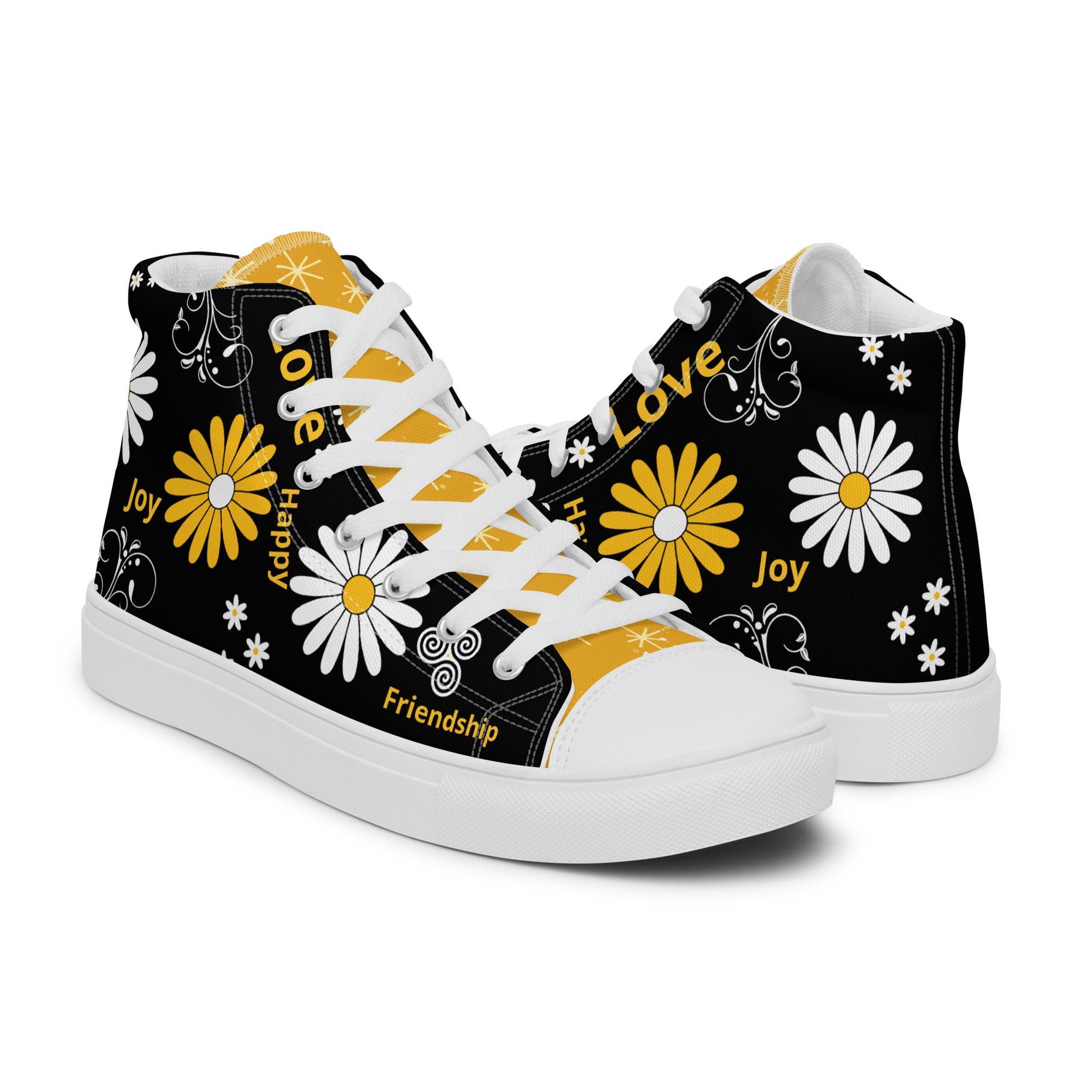 Women’s high-top Black canvas shoes whit yellow and white Daisy Flowers and swirls.  The shoes have inspirational words – "friendship," "joy," "love," and "happy"