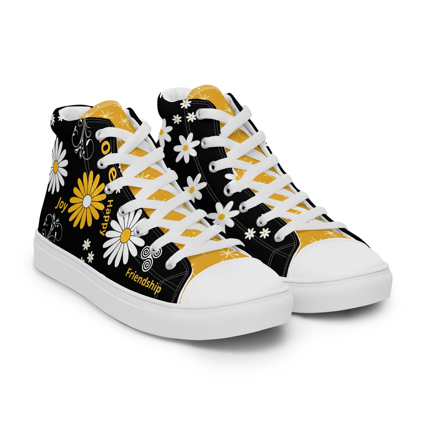 Inspirational High Top Black Canvas Shoes with White and Yellow Daisy Flowers, plus swirls patterns- Unisex Motivational  Unique Gift Idea. The inspirational words – "friendship," "joy," "love," and "happy" – elegantly woven into the design, serve as constant reminders of life's precious gifts. With every step, you carry the essence of these uplifting sentiments, inspiring your own heart and the hearts of those you encounter.