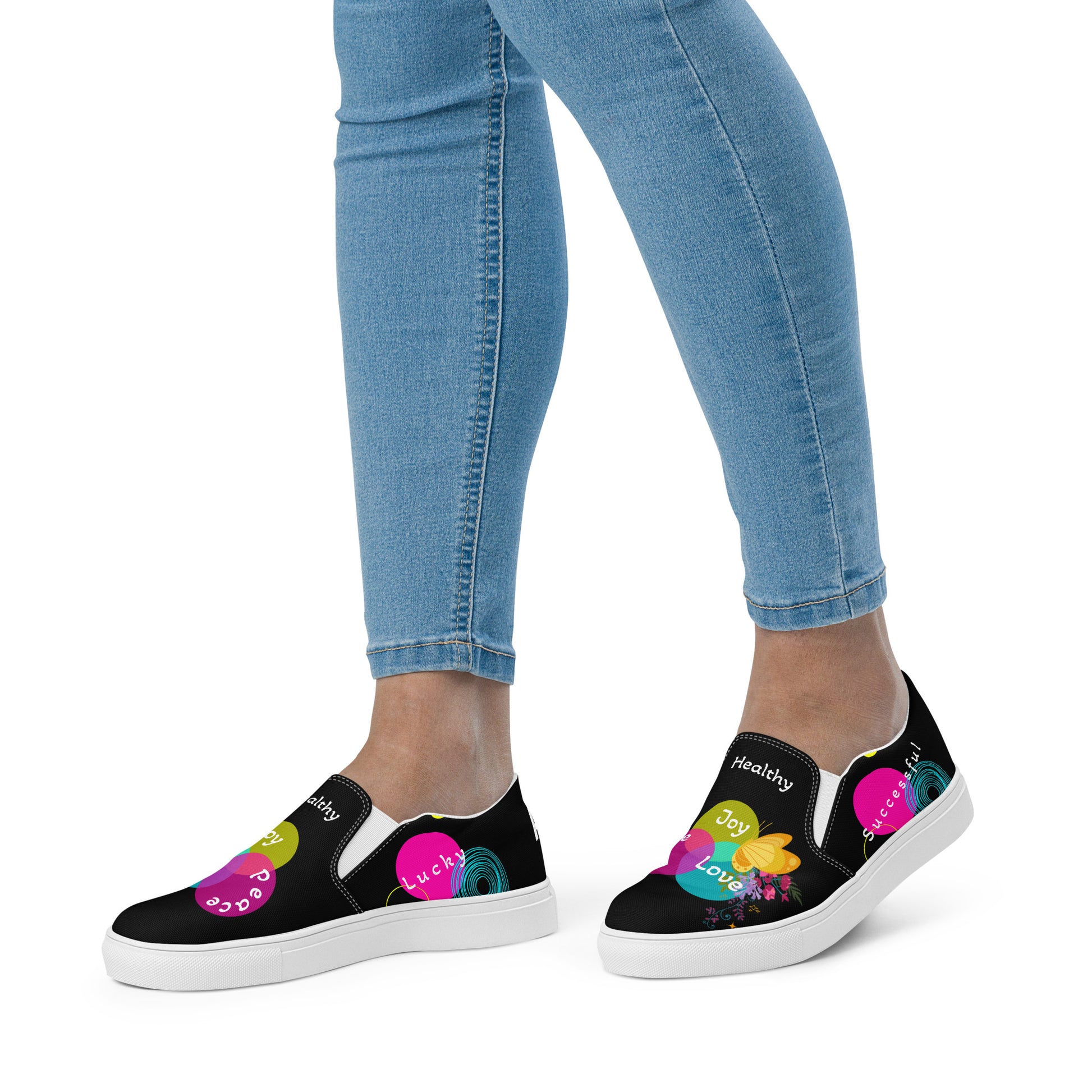 Introducing our Inspirational Slip-on Canvas Shoes designed for both Women and Men, with a beautiful message behind: "I AM Attracting Love, Peace, Joy, Harmony, Success and Blessings". Butterfly Unisex slip-on canvas shoes, the perfect blend of style, comfort, and positive energy.