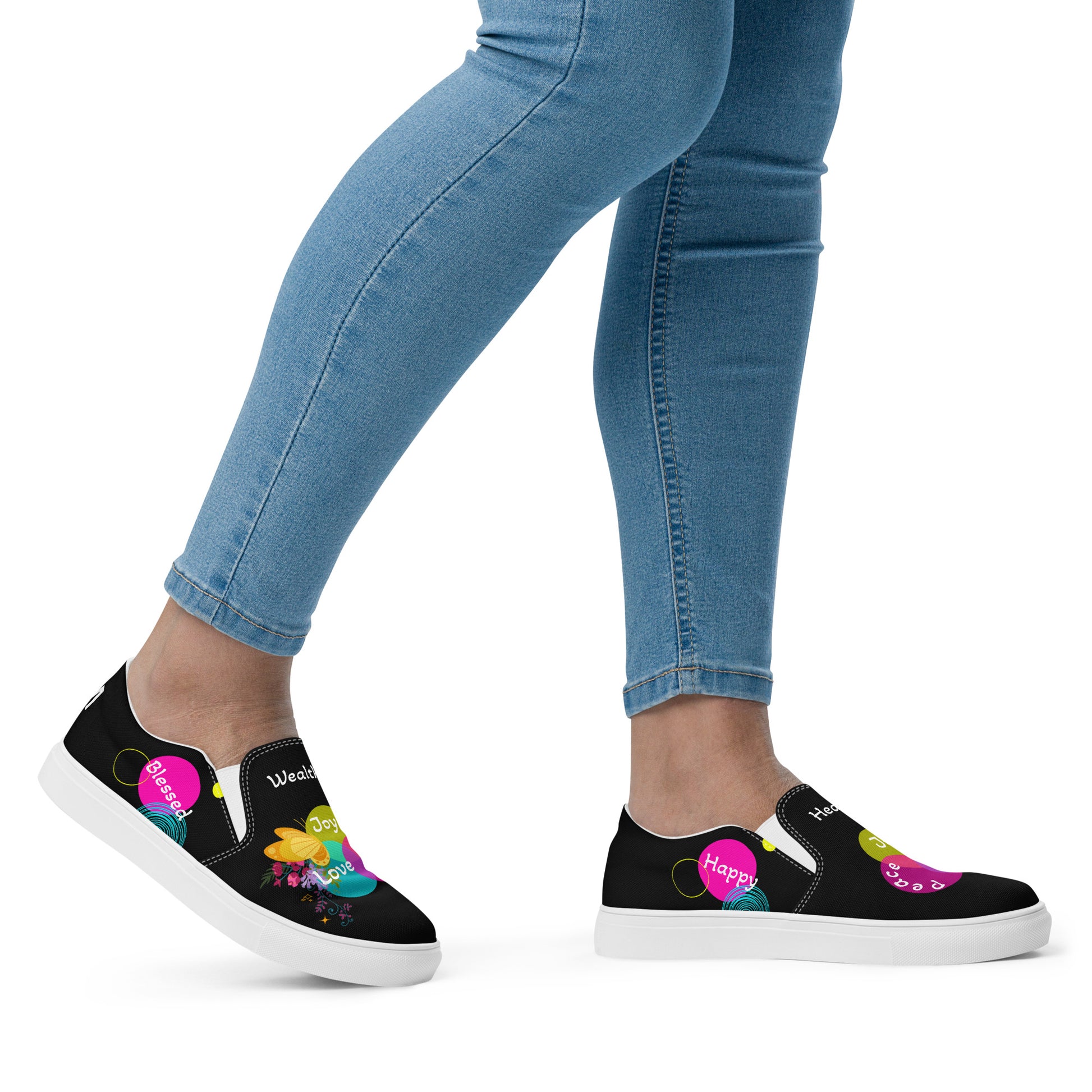 Introducing our Inspirational Slip-on Canvas Shoes designed for both Women and Men, with a beautiful message behind: "I AM Attracting Love, Peace, Joy, Harmony, Success and Blessings". Butterfly Unisex slip-on canvas shoes, the perfect blend of style, comfort, and positive energy.