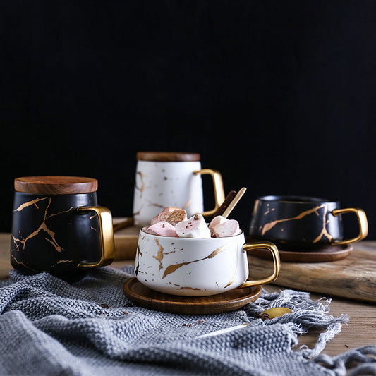 Coffee Mugs In White, Black and Gold Marble Effect Inlay