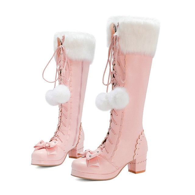 Sweet Lolita Princess Bowtie Fur High Boots - US size