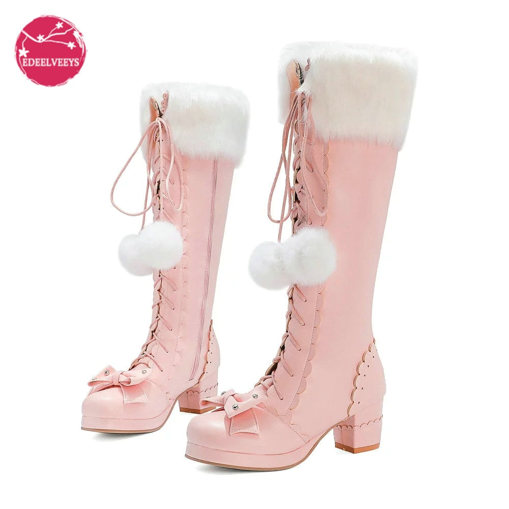 Sweet Lolita Princess Bowtie Fur High Boots - US size