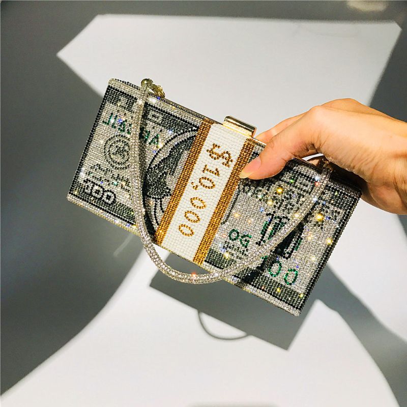 Attract $10,000 Crystal Bling-Bling Money Clutch Bag