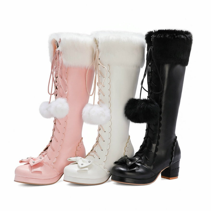 Fashion With Meaning Princess Bowtie Fur High Boots. Available in barbie pink, white and black - - Unique Gift Idea